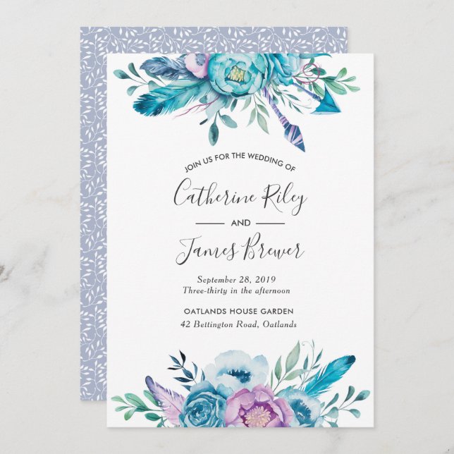 Purple and blue spring floral Wedding invitation (Front/Back)