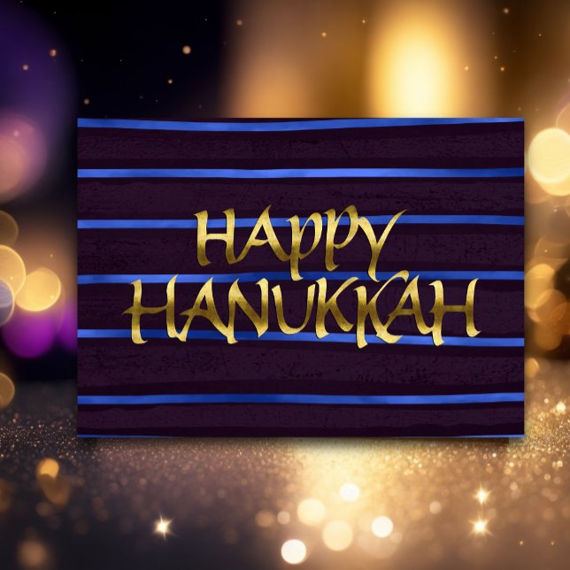 Purple and Blue Stripe Gold Happy Hanukkah Card (Creator Uploaded)
