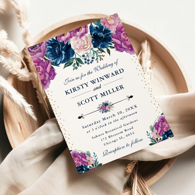 Purple and Blue Summer Flowers Wedding Invitation (Creator Uploaded)