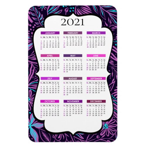 Purple and Blue Tropical Leaves  2021 Calendar Magnet