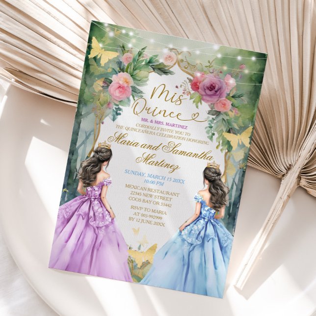 Purple and Blue Twin Royal Princess Quinceañera Invitation (Creator Uploaded)