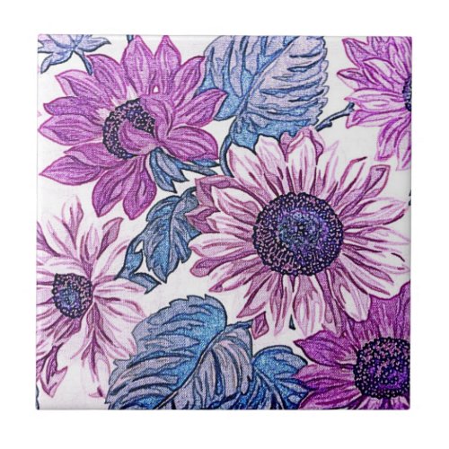 Purple and Blue Vintage Flower Art Tile