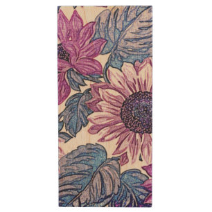 Purple and Blue Vintage Flower Art Wood Flash Drive