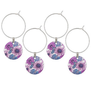 Purple and Blue Vintage Flower Pattern Wine Charm