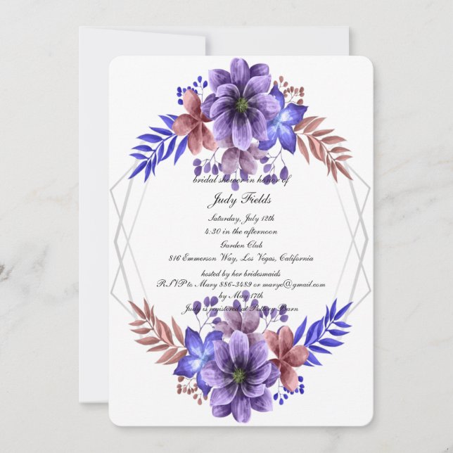 Purple And Blue Watercolor Floral Bridal Shower Invitation (Front)