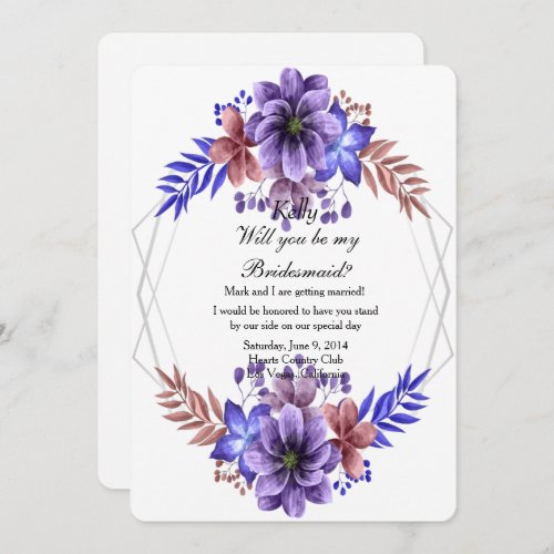 Purple And Blue Watercolor Floral Bridesmaid Invitation