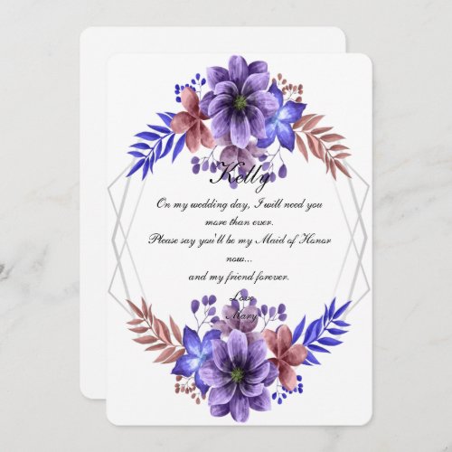 Purple And Blue Watercolor Floral Maid Of Honor Invitation