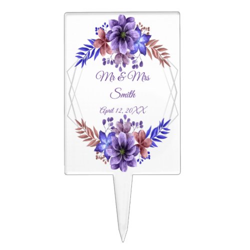 Purple And Blue Watercolor Floral Wedding Cake Topper