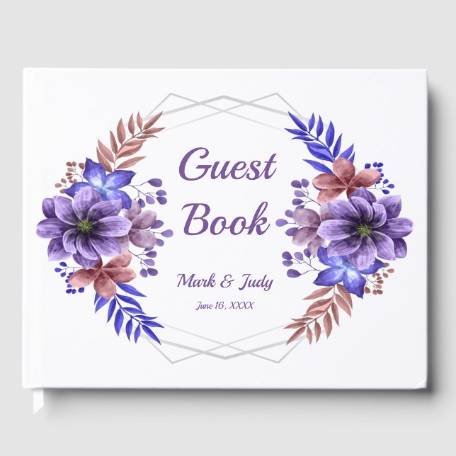 Purple And Blue Watercolor Floral Wedding Guest Book (Front)