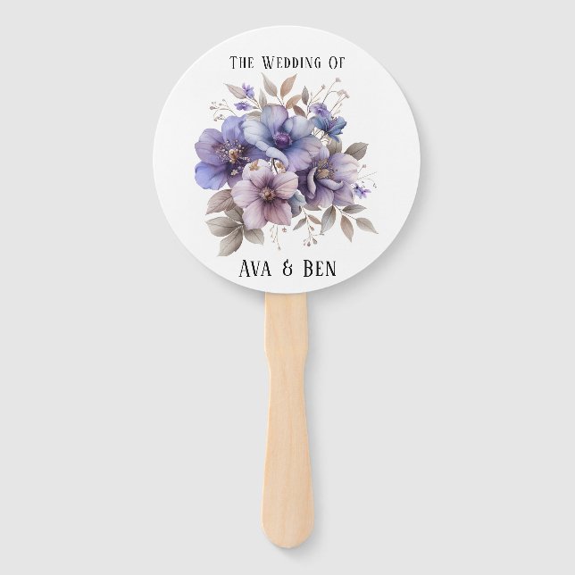 Purple and Blue Watercolor Floral Wedding Hand Fan (Front)