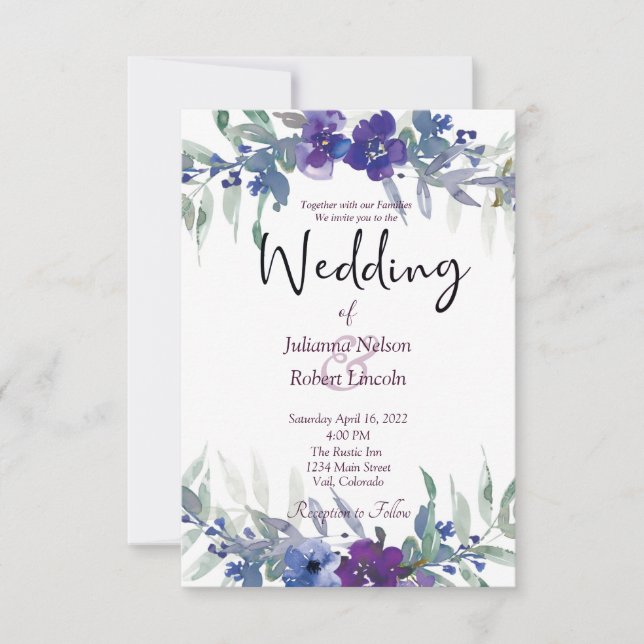 Purple and blue watercolor floral wedding invitati invitation (Front)