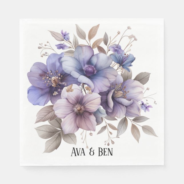 Purple and Blue Watercolor Floral Wedding Napkins (Front)