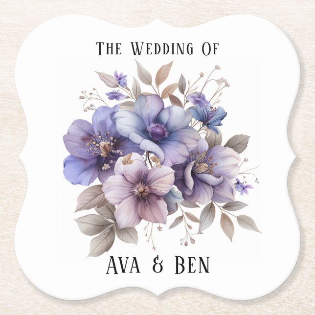 Purple and Blue Watercolor Floral Wedding Paper Coaster (Front)