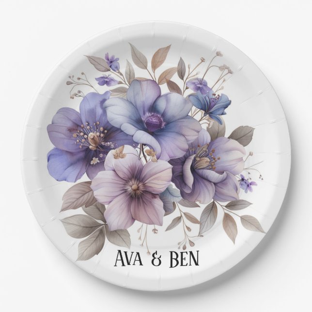 Purple and Blue Watercolor Floral Wedding Paper Plates (Front)