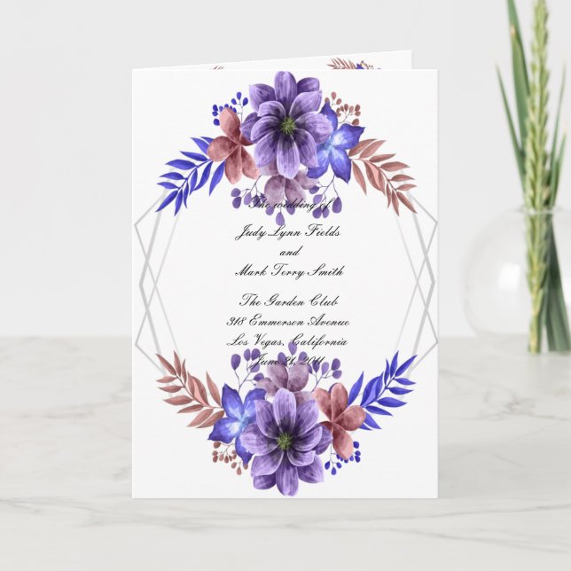 Purple And Blue Watercolor Floral Wedding Program  (Front)