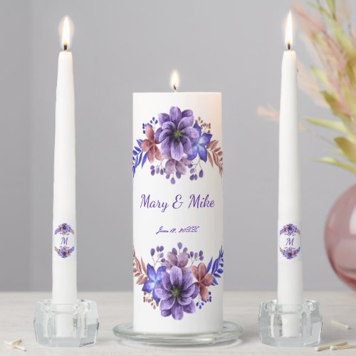 Purple And blue Watercolor Floral Wedding Unity Candle Set