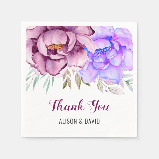 Purple and blue watercolor flowers floral wedding  napkins (Front)