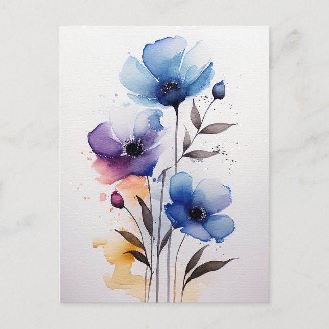 Purple and Blue Watercolor Flowers Postcard (Front)