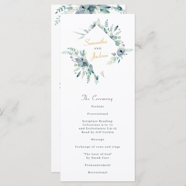 Purple and Blue Watercolor Flowers Wedding Program (Front/Back)