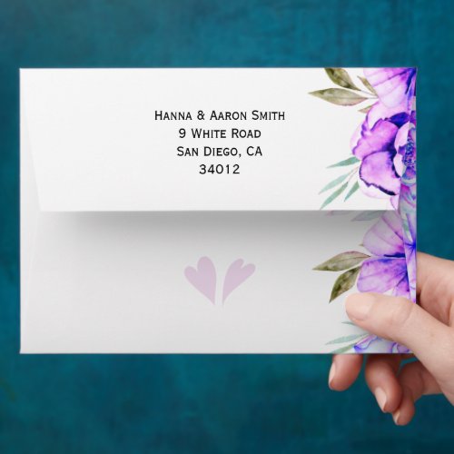 Purple and blue watercolor garland wedding envelope