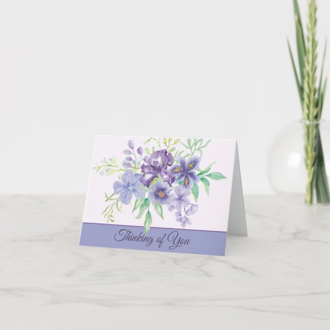 Purple and blue watercolor irises customizable note card (Front)