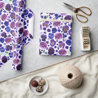 Purple and Blue Watercolor Pansies Wrapping Paper