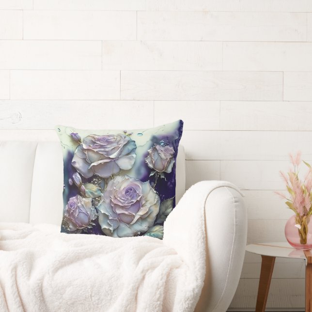 Purple and Blue  Watercolor Rose Enlarged Throw Pillow (Couch)
