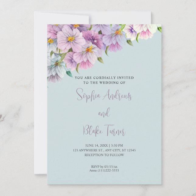 Purple and Blue Wildflowers Blue Garden Wedding Invitation (Front)