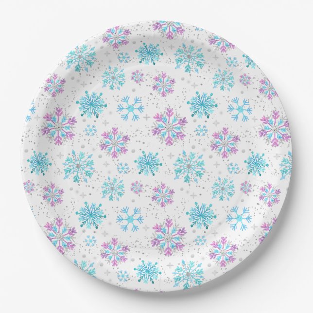 Purple and Blue Winter Snowflakes Paper Plates (Front)