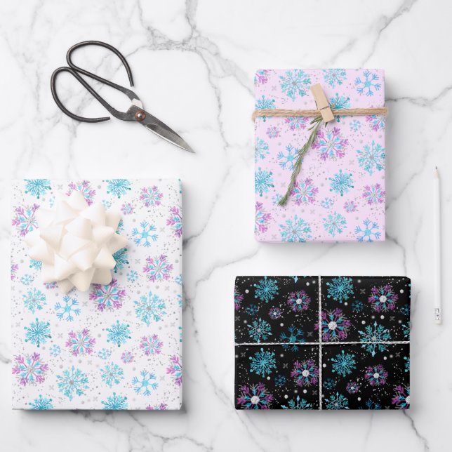Purple and Blue Winter Snowflakes Pattern Wrapping Paper Sheets (Front)