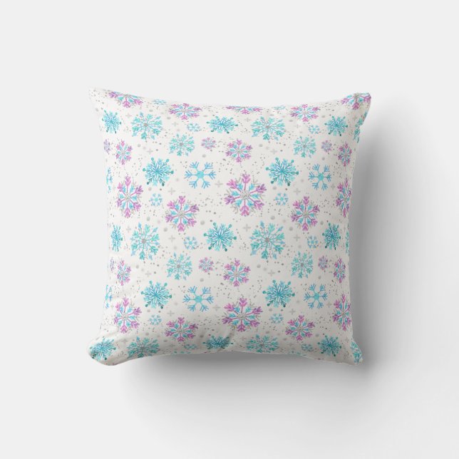Purple and Blue Winter Snowflakes Throw Pillow (Front)