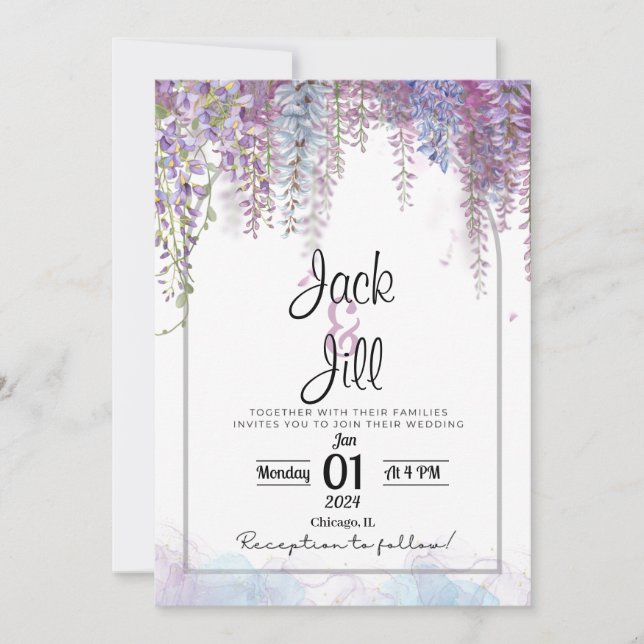 Purple and Blue Wisteria Wedding Invite (Front)