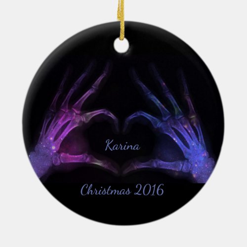 Purple and Blue Xray Fingers form heart Ceramic Ornament