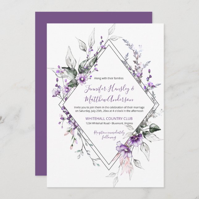 Purple and Blush Diamond Frame Wedding | Invitation (Front/Back)