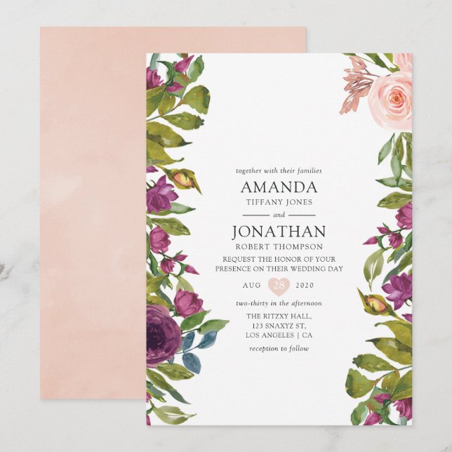Purple and Blush Floral Wedding Invitation (Front/Back)