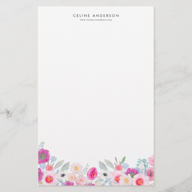 Purple and Blush Pastel Floral Garland Personalize Stationery (Front)