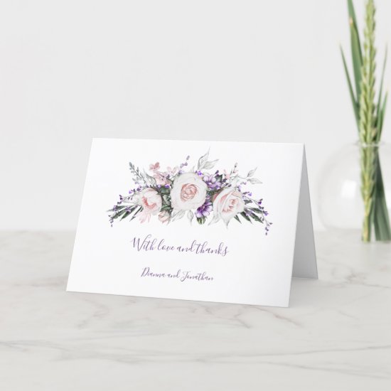 Purple and Blush Pink Floral Wedding Thank You Holiday Card