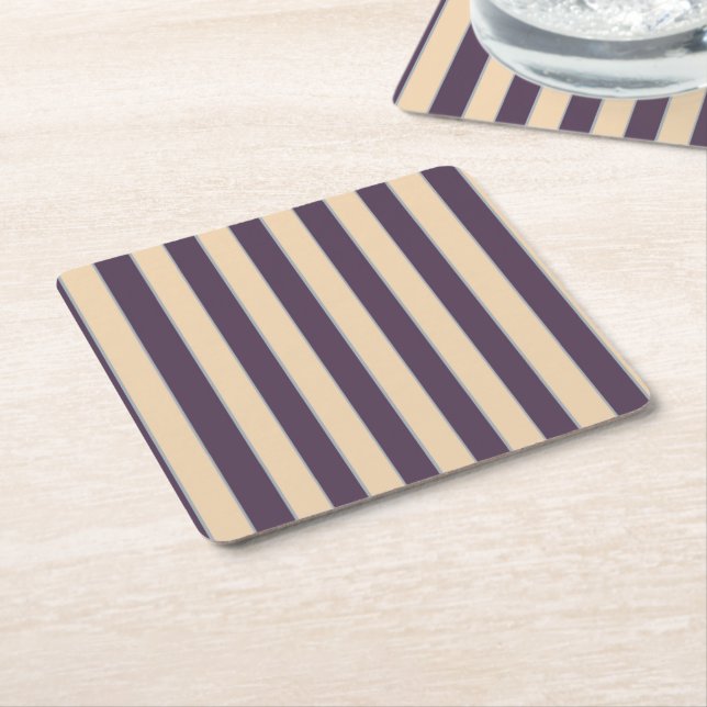Purple and blush pink line stripes pattern square paper coaster (Angled)