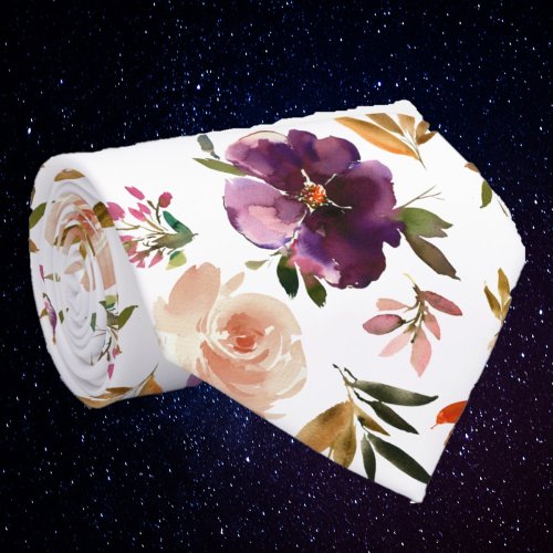 Purple and Blush Pink Watercolor Floral Roses Neck Neck Tie