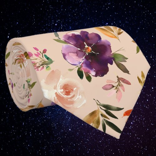 Purple and Blush Pink Watercolor Floral Roses Neck Neck Tie