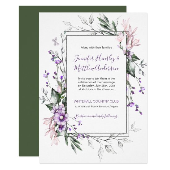 Purple and Blush Pink Watercolor Floral Wedding Invitation