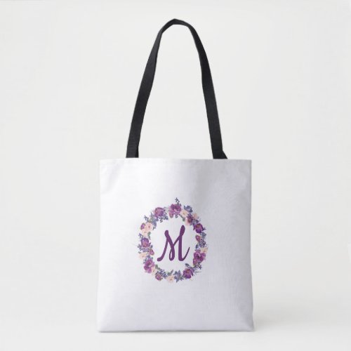 Purple and Blush Pink Wreath with Monogram Tote Bag