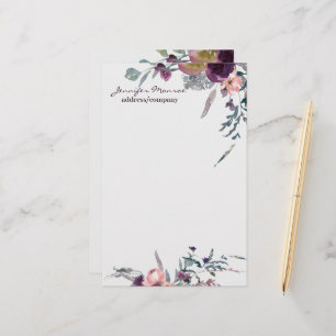 Purple and blush watercolor flora personalized stationery