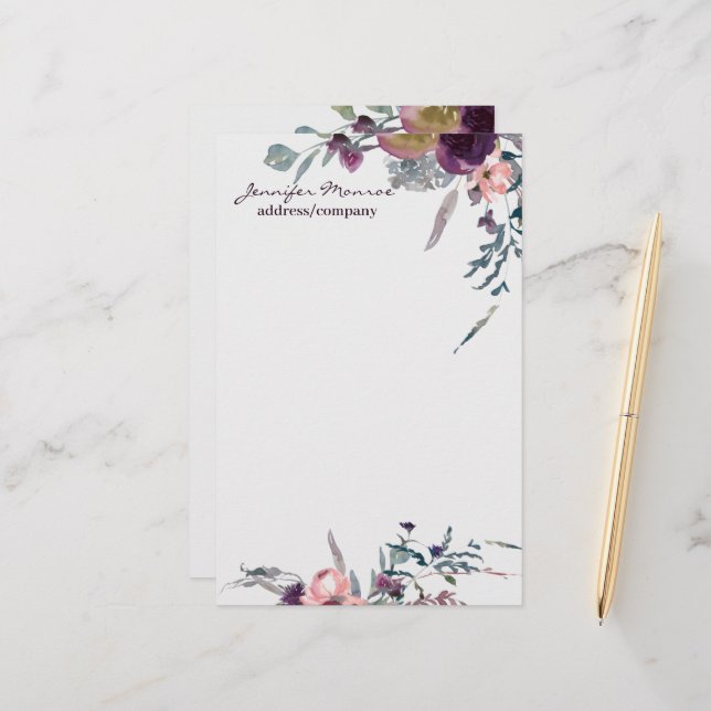 Purple and blush watercolor flora personalized stationery (Front/Back In Situ)