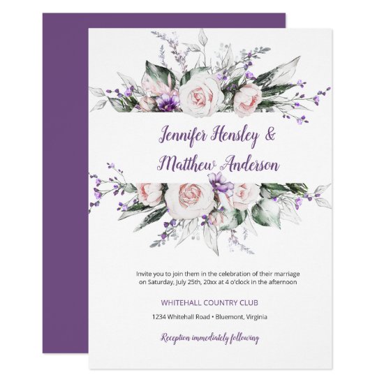 Purple and Blush Watercolor Floral Frame Wedding | Invitation