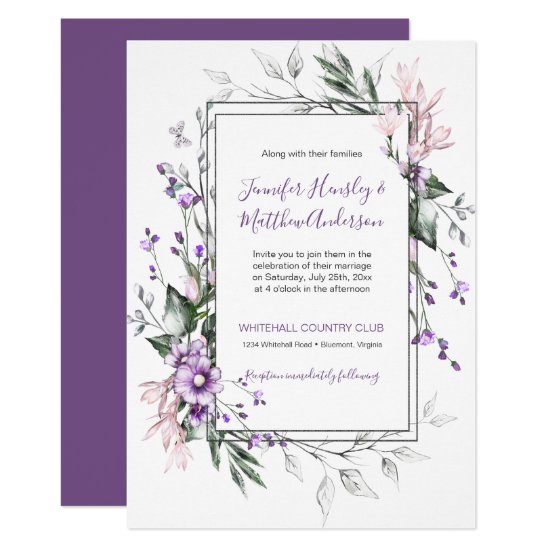 Purple and Blush Watercolor Floral Rectangle | Invitation