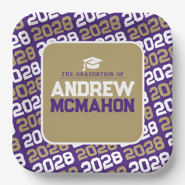 Purple and Bronze Gold Personalized Graduation Paper Plates (Front)
