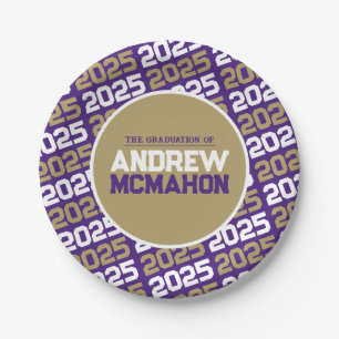 Purple and Bronze Gold Personalized Graduation Paper Plates