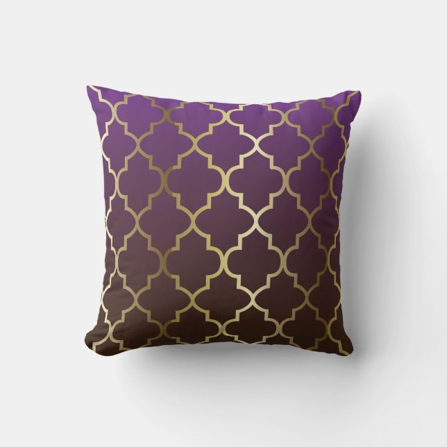 Purple and Brown Blend | Gold Quatrefoil Pattern Throw Pillow (Front)