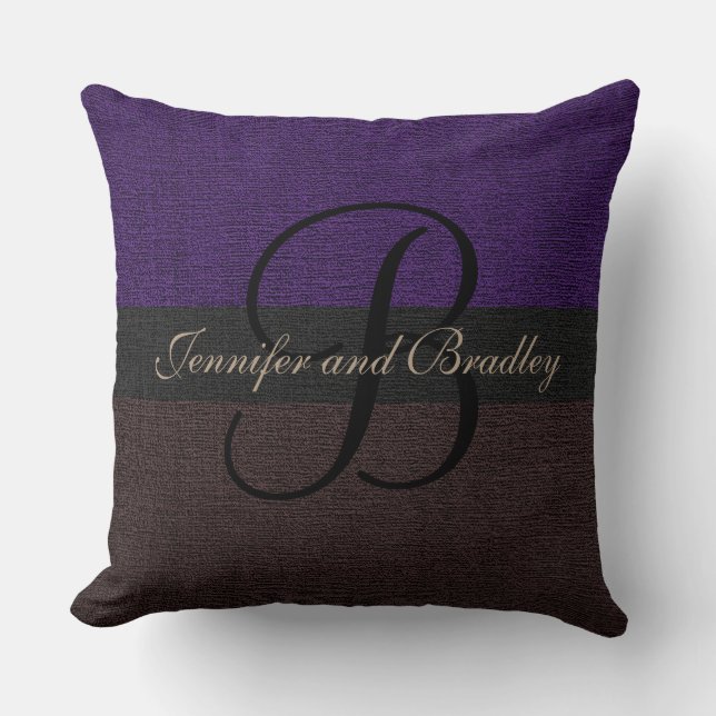 Purple and Brown Elegant Monogram Wedding Throw Pillow (Front)
